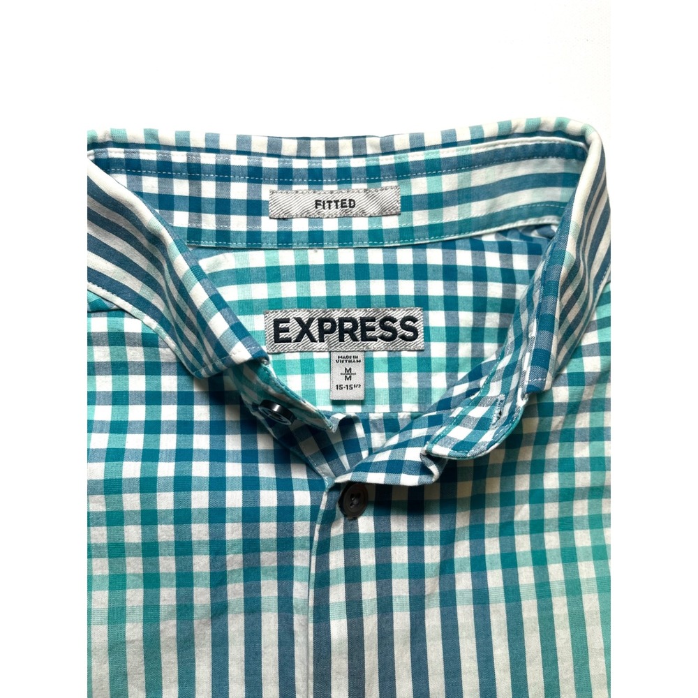Express Mens Fitted Gingham Dress Shirt Teal White Long Sleeve Medium 0442